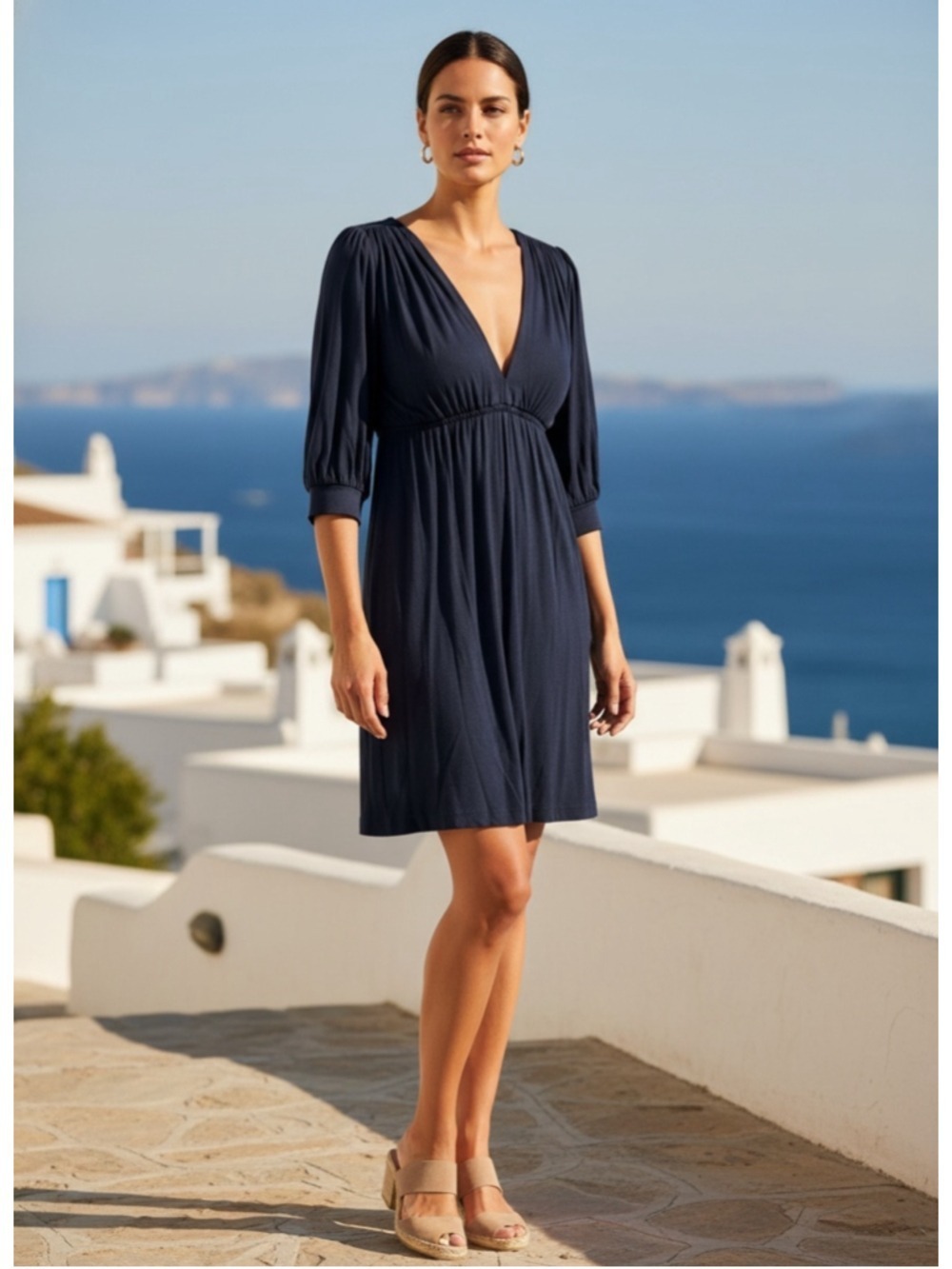 Fei by Anthropologie Blue 3/4 Sleeve V-Neck Dress Size Petite (16” PTP)
